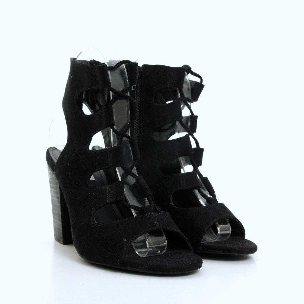 Steve Madden Bleu Textile Lace Up Side Zip Heeled Sandals Black Women Size 7